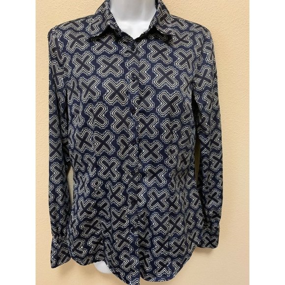 Brooks Brothers Navy Blue White Patterned Long Sleeve Button Down Blouse 2 EUC - Picture 1 of 7